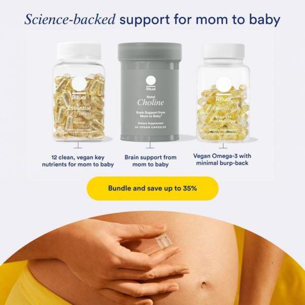 A clean, minimalist product display featuring a trio of vitamin bottles, clearly labeled with specific health benefits for prenatal wellness.
